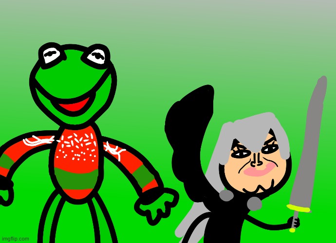 so this random art idea generator thing told me to draw Kermit in a chrimas sweater and M.J as sephiroth | made w/ Imgflip meme maker