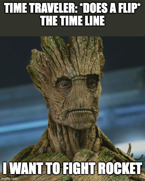 Pov: groot can speak normal bad news e speak "I AM GROOT" | TIME TRAVELER: *DOES A FLIP*
THE TIME LINE; I WANT TO FIGHT ROCKET | image tagged in i am groot | made w/ Imgflip meme maker