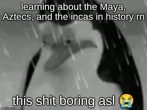 the sad | learning about the Maya, Aztecs, and the incas in history rn; this shit boring asl 😭 | image tagged in the sad | made w/ Imgflip meme maker