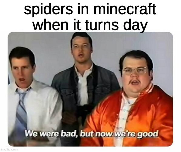 Spiders | spiders in minecraft when it turns day | image tagged in we were bad but now we are good | made w/ Imgflip meme maker