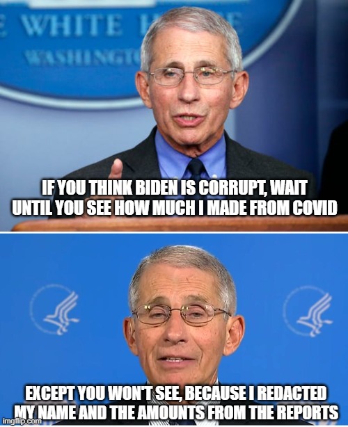 dr fraudci | IF YOU THINK BIDEN IS CORRUPT, WAIT UNTIL YOU SEE HOW MUCH I MADE FROM COVID; EXCEPT YOU WON'T SEE, BECAUSE I REDACTED MY NAME AND THE AMOUNTS FROM THE REPORTS | image tagged in dr fauci | made w/ Imgflip meme maker