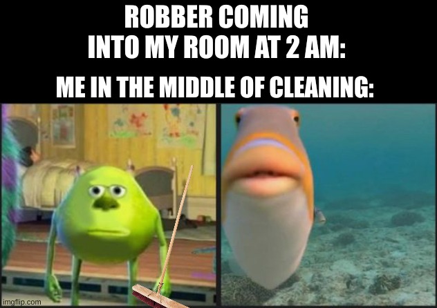 *insert title* | ROBBER COMING INTO MY ROOM AT 2 AM:; ME IN THE MIDDLE OF CLEANING: | image tagged in robbery,mike wazowski | made w/ Imgflip meme maker