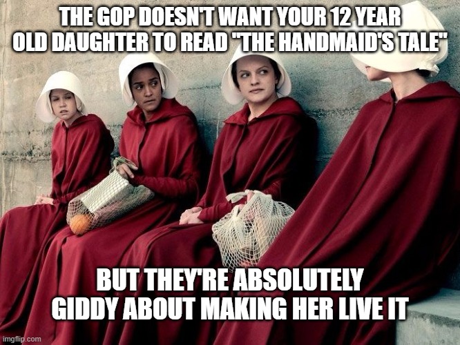 When removing rights from women is the future of the GOP strategy, you may wonder what's next | THE GOP DOESN'T WANT YOUR 12 YEAR OLD DAUGHTER TO READ "THE HANDMAID'S TALE"; BUT THEY'RE ABSOLUTELY GIDDY ABOUT MAKING HER LIVE IT | image tagged in handmaiden's tale,women's rights | made w/ Imgflip meme maker