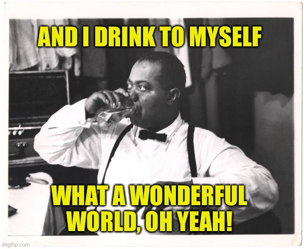 Satchmo | AND I DRINK TO MYSELF; WHAT A WONDERFUL WORLD, OH YEAH! | image tagged in bad pun | made w/ Imgflip meme maker