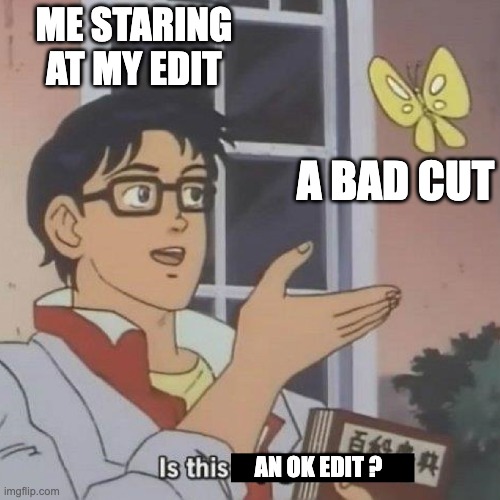 iMa FiLmAkEr | ME STARING AT MY EDIT; A BAD CUT; AN OK EDIT ? | image tagged in is this a blank,editing,cut,filmmaking,filmmaker | made w/ Imgflip meme maker