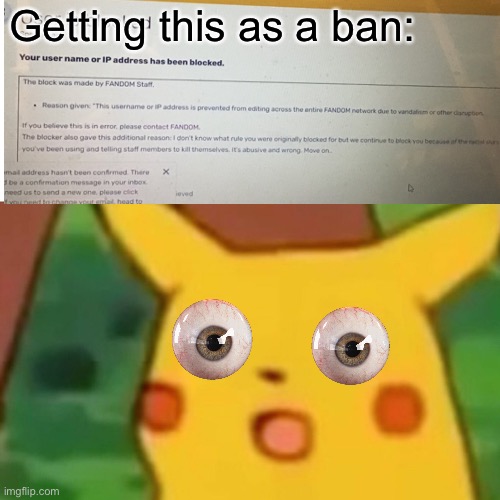 Wowzers! | Getting this as a ban: | image tagged in memes,surprised pikachu | made w/ Imgflip meme maker