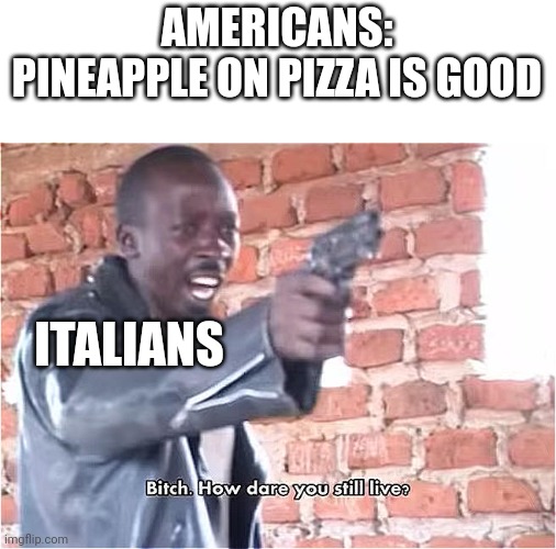 Bitch. How dare you still live | AMERICANS: PINEAPPLE ON PIZZA IS GOOD; ITALIANS | image tagged in bitch how dare you still live | made w/ Imgflip meme maker