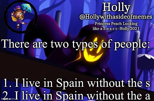 I’m both | There are two types of people:; 1. I live in Spain without the s
2. I live in Spain without the a | image tagged in holly snatcher template | made w/ Imgflip meme maker