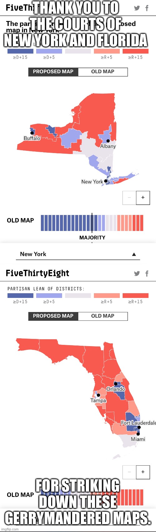 Let’s hope other states follow suite soon. | THANK YOU TO THE COURTS OF NEW YORK AND FLORIDA; FOR STRIKING DOWN THESE GERRYMANDERED MAPS. | image tagged in new york,florida,gerrymander,gerrymandering | made w/ Imgflip meme maker