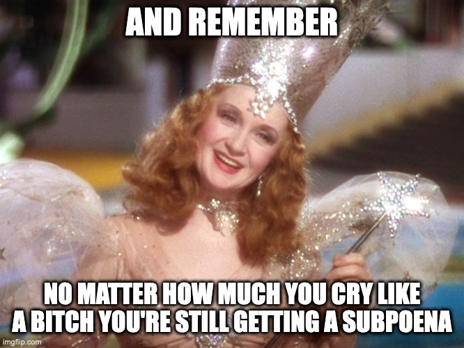 Glinda good witch wizard of oz | AND REMEMBER NO MATTER HOW MUCH YOU CRY LIKE A BITCH YOU'RE STILL GETTING A SUBPOENA | image tagged in glinda good witch wizard of oz | made w/ Imgflip meme maker