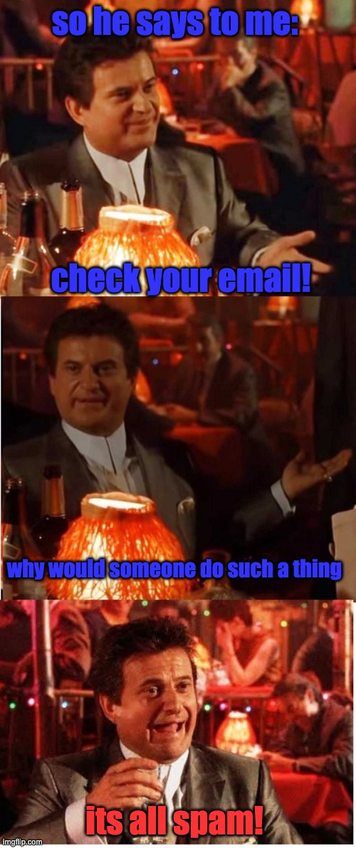 Even-Worse-Pun Joe Pesce | so he says to me:; check your email! why would someone do such a thing; its all spam! | image tagged in even-worse-pun joe pesce | made w/ Imgflip meme maker