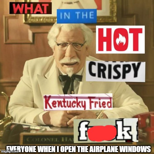 yes | EVERYONE WHEN I OPEN THE AIRPLANE WINDOWS | image tagged in what in the hot crispy kentucky fried frick | made w/ Imgflip meme maker