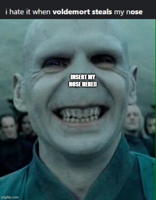 Voldemort Grin | INSERT MY NOSE HERE]] | image tagged in voldemort grin | made w/ Imgflip meme maker