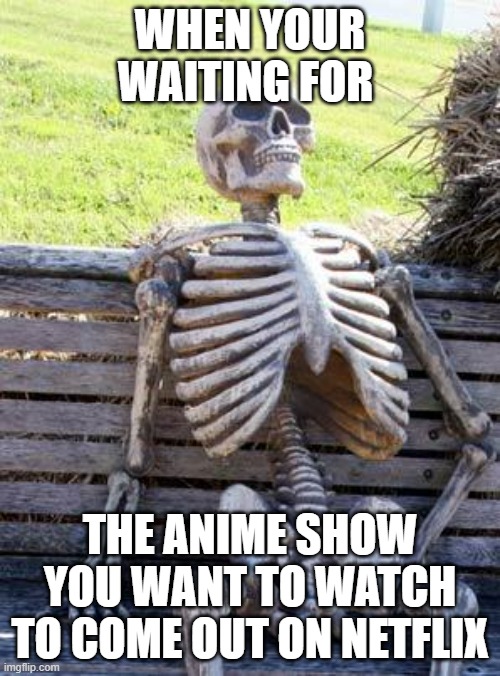 Waiting Skeleton | WHEN YOUR WAITING FOR; THE ANIME SHOW YOU WANT TO WATCH TO COME OUT ON NETFLIX | image tagged in memes,waiting skeleton | made w/ Imgflip meme maker