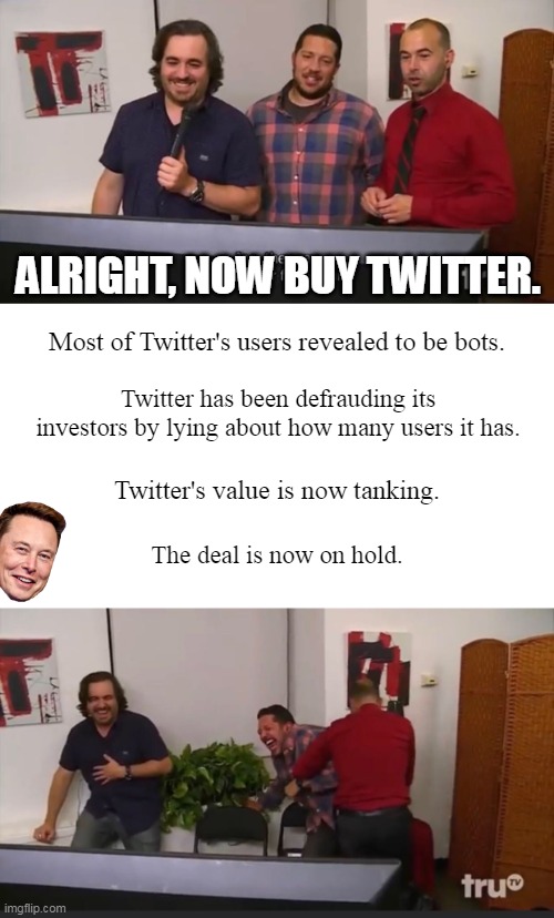 Buy Twitter | ALRIGHT, NOW BUY TWITTER. Most of Twitter's users revealed to be bots. Twitter has been defrauding its investors by lying about how many users it has. Twitter's value is now tanking. The deal is now on hold. | image tagged in impractical jokers | made w/ Imgflip meme maker