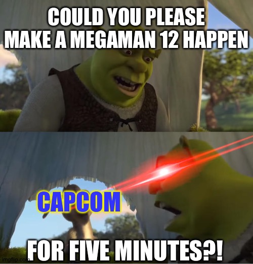 Shrek For Five Minutes | COULD YOU PLEASE MAKE A MEGAMAN 12 HAPPEN; CAPCOM; FOR FIVE MINUTES?! | image tagged in shrek for five minutes | made w/ Imgflip meme maker