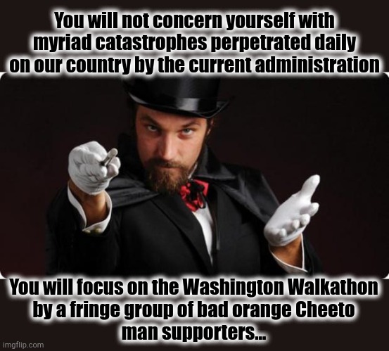 Abracadabra | You will not concern yourself with
myriad catastrophes perpetrated daily
on our country by the current administration; You will focus on the Washington Walkathon
by a fringe group of bad orange Cheeto
man supporters... | image tagged in joe,kamala,insurrection,cheeto | made w/ Imgflip meme maker