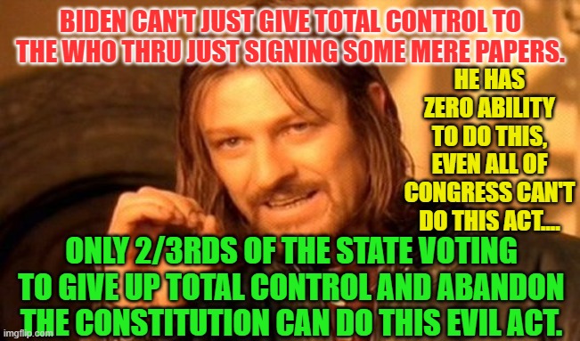 One Does Not Simply | BIDEN CAN'T JUST GIVE TOTAL CONTROL TO THE WHO THRU JUST SIGNING SOME MERE PAPERS. HE HAS ZERO ABILITY TO DO THIS, EVEN ALL OF CONGRESS CAN'T DO THIS ACT.... ONLY 2/3RDS OF THE STATE VOTING TO GIVE UP TOTAL CONTROL AND ABANDON THE CONSTITUTION CAN DO THIS EVIL ACT. | image tagged in memes,one does not simply | made w/ Imgflip meme maker