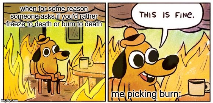 what would you choose? | when for some reason someone asks if you'd rather freeze to death or burn to death; me picking burn: | image tagged in memes,this is fine | made w/ Imgflip meme maker