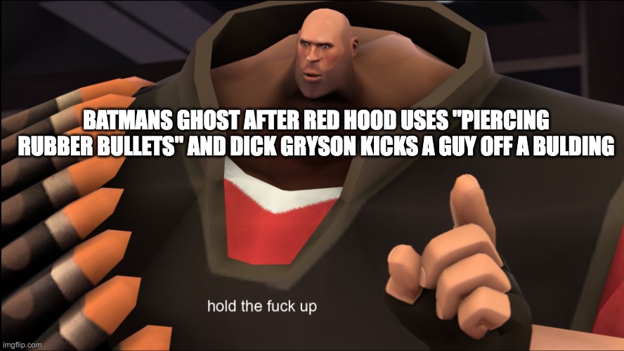 Hold The Fuck Up | BATMANS GHOST AFTER RED HOOD USES "PIERCING RUBBER BULLETS" AND DICK GRYSON KICKS A GUY OFF A BULDING | image tagged in hold the fuck up,GothamKnights | made w/ Imgflip meme maker