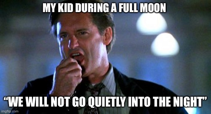 Independence day  | MY KID DURING A FULL MOON; “WE WILL NOT GO QUIETLY INTO THE NIGHT” | image tagged in independence day | made w/ Imgflip meme maker
