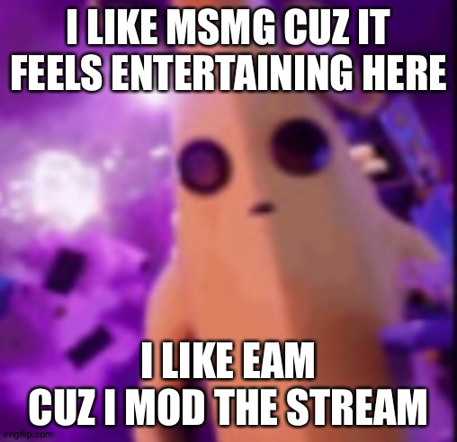 Maybe I prefer Msmg. Idk. | I LIKE MSMG CUZ IT FEELS ENTERTAINING HERE; I LIKE EAM CUZ I MOD THE STREAM | image tagged in n a n a | made w/ Imgflip meme maker