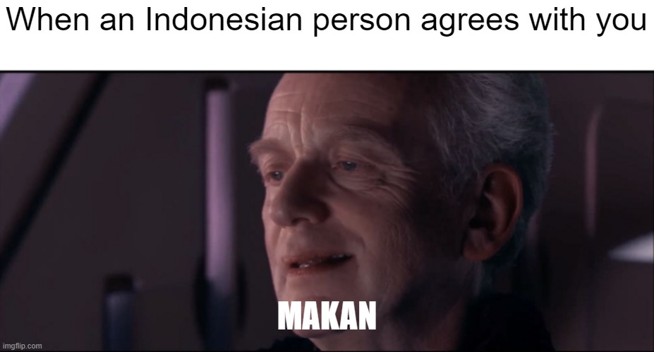 I'm entire food was "Makan" | When an Indonesian person agrees with you; MAKAN | image tagged in palpatine ironic,memes,star wars,food,funny | made w/ Imgflip meme maker