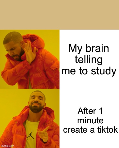 Drake Hotline Bling Meme | My brain telling me to study; After 1 minute create a tiktok | image tagged in memes,drake hotline bling | made w/ Imgflip meme maker