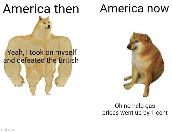 Buff Doge vs. Cheems | America then; America now; Yeah, I took on myself and defeated the British; Oh no help gas prices went up by 1 cent | image tagged in memes,buff doge vs cheems | made w/ Imgflip meme maker