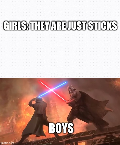 Girl vs Boys meme  star wars | GIRLS: THEY ARE JUST STICKS; BOYS | image tagged in star wars,girls vs boys | made w/ Imgflip meme maker