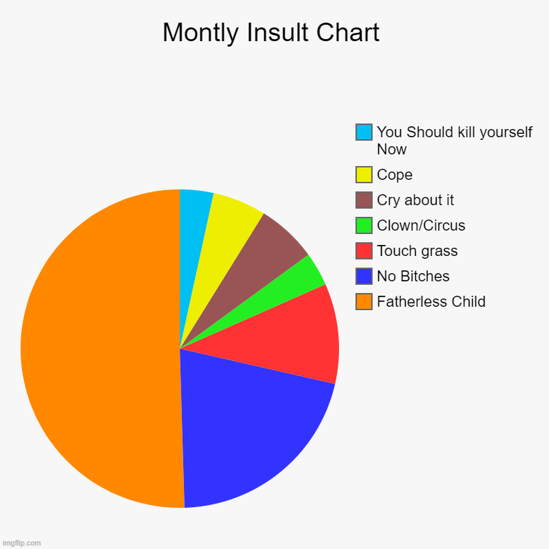 Montly Insult Chart | Fatherless Child, No Bitches, Touch grass, Clown/Circus, Cry about it, Cope, You Should kill yourself Now | image tagged in charts,pie charts | made w/ Imgflip chart maker