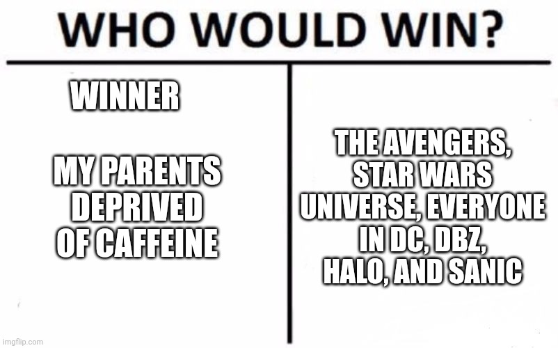 Who Would Win? | MY PARENTS DEPRIVED OF CAFFEINE; THE AVENGERS, STAR WARS UNIVERSE, EVERYONE IN DC, DBZ, HALO, AND SANIC; WINNER | image tagged in memes,who would win | made w/ Imgflip meme maker