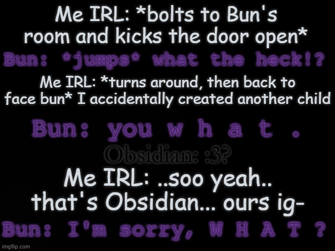 u h h h h h h h h | Me IRL: *bolts to Bun's room and kicks the door open*; Bun: *jumps* what the heck!? Me IRL: *turns around, then back to face bun* I accidentally created another child; Bun: you w h a t . Obsidian: :3? Me IRL: ..soo yeah.. that's Obsidian... ours ig-; Bun: I'm sorry, W H A T ? | made w/ Imgflip meme maker