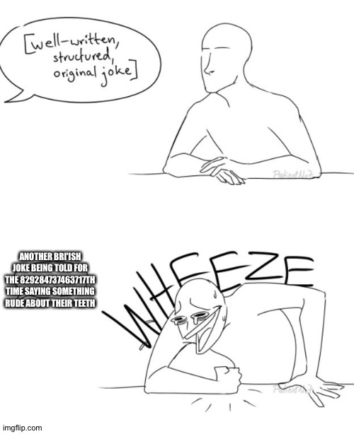 Wheeze | ANOTHER BRI'ISH JOKE BEING TOLD FOR THE 829284737463717TH TIME SAYING SOMETHING RUDE ABOUT THEIR TEETH | image tagged in wheeze | made w/ Imgflip meme maker
