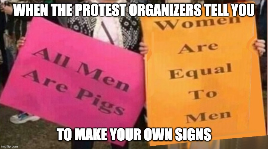 When You Want Equal Rights... | WHEN THE PROTEST ORGANIZERS TELL YOU; TO MAKE YOUR OWN SIGNS | image tagged in protest,roe,libs,women's lib | made w/ Imgflip meme maker
