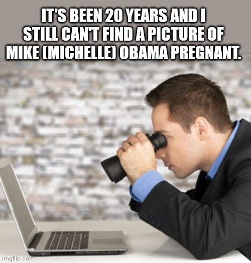 Big Mike is a dude | IT'S BEEN 20 YEARS AND I STILL CAN'T FIND A PICTURE OF MIKE (MICHELLE) OBAMA PREGNANT. | made w/ Imgflip meme maker