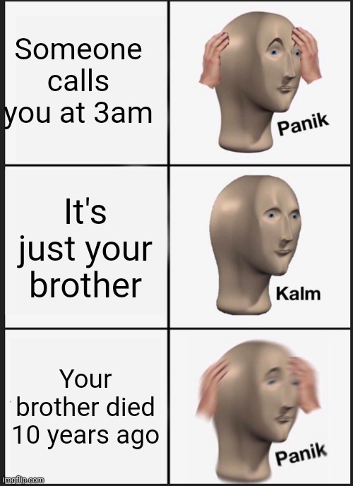 Brother situation | Someone calls you at 3am; It's just your brother; Your brother died 10 years ago | image tagged in memes,panik kalm panik | made w/ Imgflip meme maker