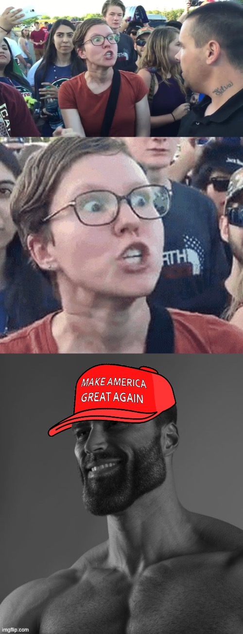 Triggered feminist vs. MAGA Giga Chad | image tagged in triggered feminist vs maga giga chad | made w/ Imgflip meme maker