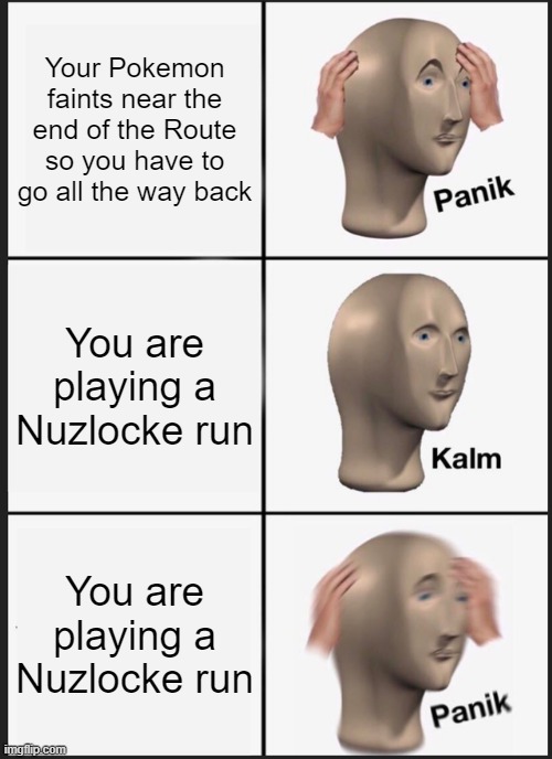 Well at least you don't have to go back. | Your Pokemon faints near the end of the Route so you have to go all the way back; You are playing a Nuzlocke run; You are playing a Nuzlocke run | image tagged in memes,panik kalm panik,pokemon,gaming,nuzlocke,stonks guy | made w/ Imgflip meme maker