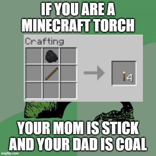 Well yes but actually... YES | IF YOU ARE A MINECRAFT TORCH; YOUR MOM IS STICK AND YOUR DAD IS COAL | image tagged in memes,philosoraptor,funny,true,minecraft,lol | made w/ Imgflip meme maker