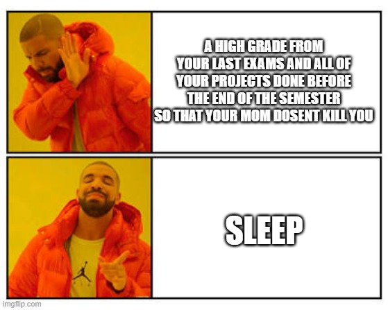 No - Yes | A HIGH GRADE FROM YOUR LAST EXAMS AND ALL OF YOUR PROJECTS DONE BEFORE THE END OF THE SEMESTER SO THAT YOUR MOM DOSENT KILL YOU; SLEEP | image tagged in no - yes | made w/ Imgflip meme maker