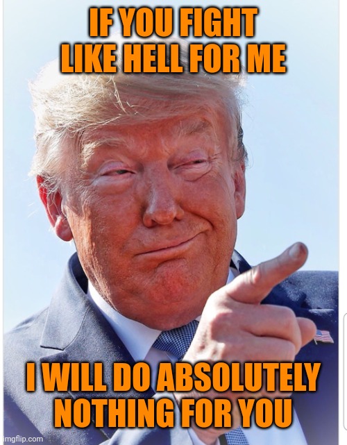 Art of the deal | IF YOU FIGHT LIKE HELL FOR ME; I WILL DO ABSOLUTELY NOTHING FOR YOU | image tagged in trump pointing | made w/ Imgflip meme maker