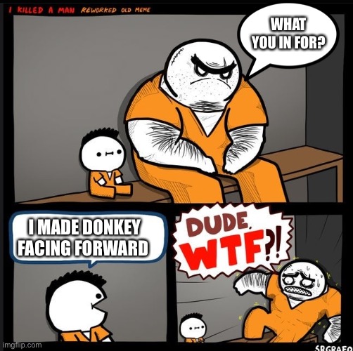Srgrafo dude wtf | WHAT YOU IN FOR? I MADE DONKEY FACING FORWARD | image tagged in srgrafo dude wtf | made w/ Imgflip meme maker