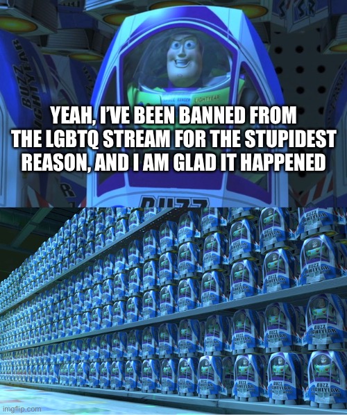Buzz lightyear clones | YEAH, I’VE BEEN BANNED FROM THE LGBTQ STREAM FOR THE STUPIDEST REASON, AND I AM GLAD IT HAPPENED | image tagged in buzz lightyear clones | made w/ Imgflip meme maker