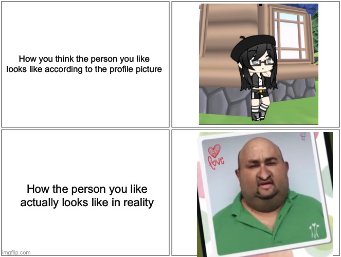 Looks can be deceiving, right? |  How you think the person you like looks like according to the profile picture; How the person you like actually looks like in reality | image tagged in memes,blank comic panel 2x2 | made w/ Imgflip meme maker