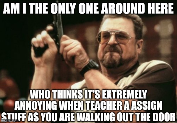 Am I The Only One Around Here | AM I THE ONLY ONE AROUND HERE; WHO THINKS IT'S EXTREMELY ANNOYING WHEN TEACHER A ASSIGN STUFF AS YOU ARE WALKING OUT THE DOOR | image tagged in memes,am i the only one around here | made w/ Imgflip meme maker