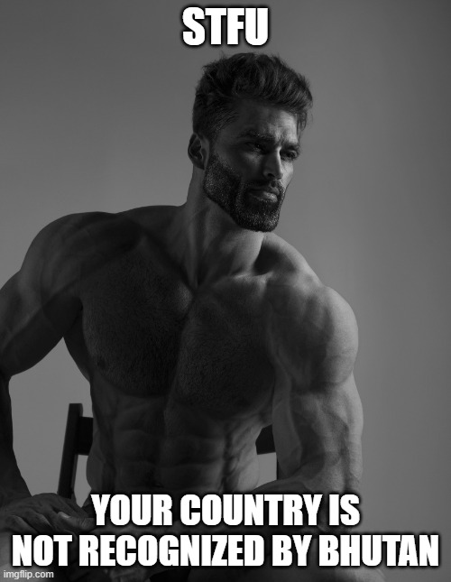 Giga Chad | STFU; YOUR COUNTRY IS NOT RECOGNIZED BY BHUTAN | image tagged in giga chad | made w/ Imgflip meme maker