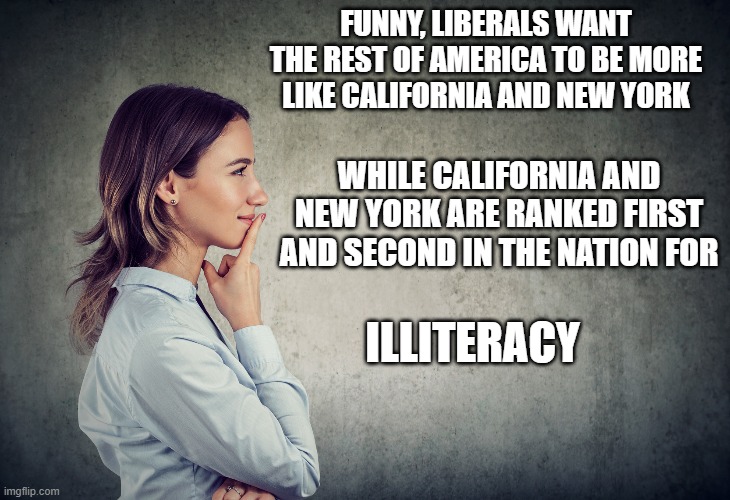 Liberals want everyone to be as dumb as they are |  FUNNY, LIBERALS WANT THE REST OF AMERICA TO BE MORE LIKE CALIFORNIA AND NEW YORK; WHILE CALIFORNIA AND NEW YORK ARE RANKED FIRST AND SECOND IN THE NATION FOR; ILLITERACY | image tagged in stupid liberals,political meme,political correctness,political humor,funny memes,truth | made w/ Imgflip meme maker