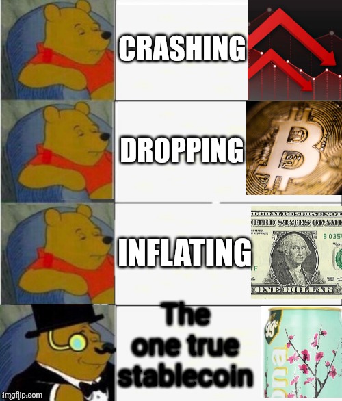 Invest now. | CRASHING; DROPPING; INFLATING; The one true stablecoin | image tagged in tuxedo winnie the pooh 4 panel | made w/ Imgflip meme maker