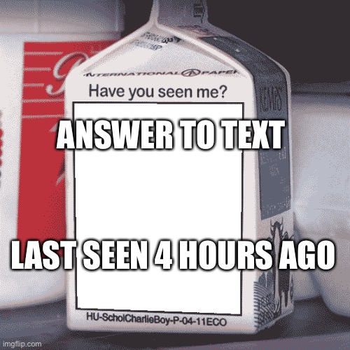 Missing Person | ANSWER TO TEXT LAST SEEN 4 HOURS AGO | image tagged in missing person | made w/ Imgflip meme maker